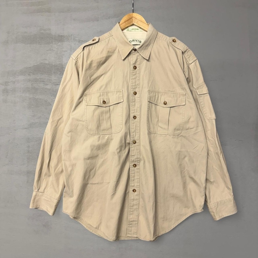 Vintage Orvis Tan Outdoors Tactical Multi Pocket Button Up Collared Shirt Large‎
